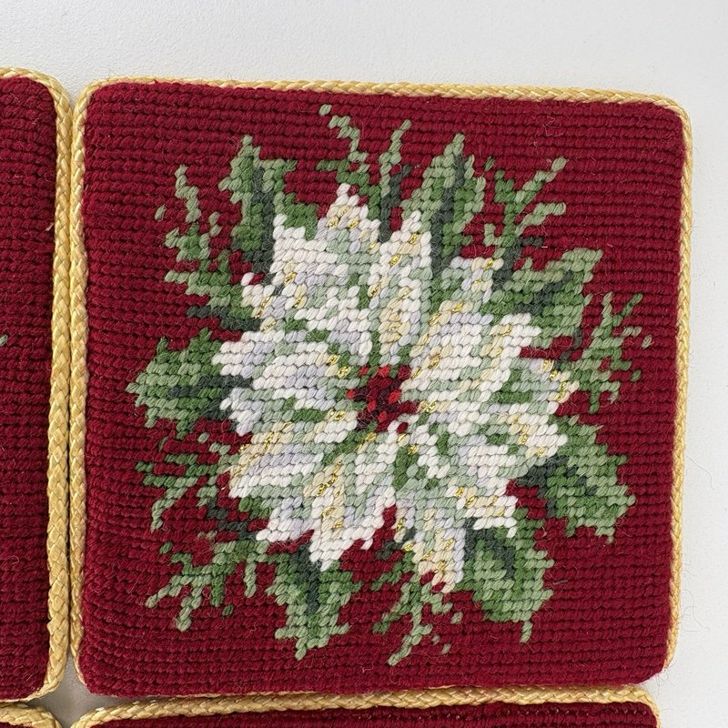 Vintage Needlepoint Poinsettia Coasters Set of 4 Gold Thread Trim w/ Box