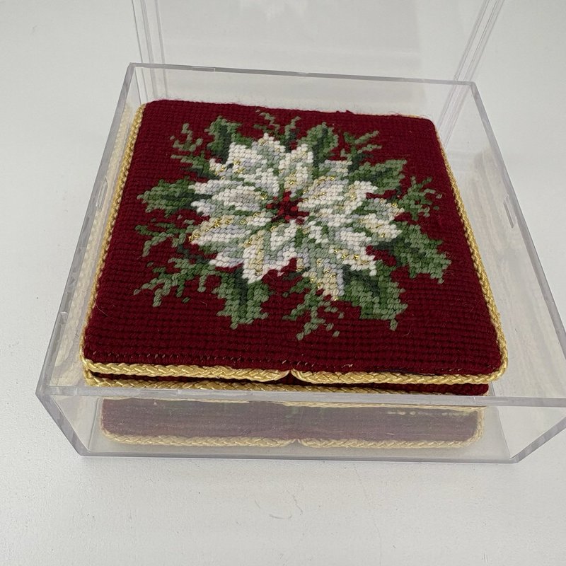 Vintage Needlepoint Poinsettia Coasters Set of 4 Gold Thread Trim w/ Box