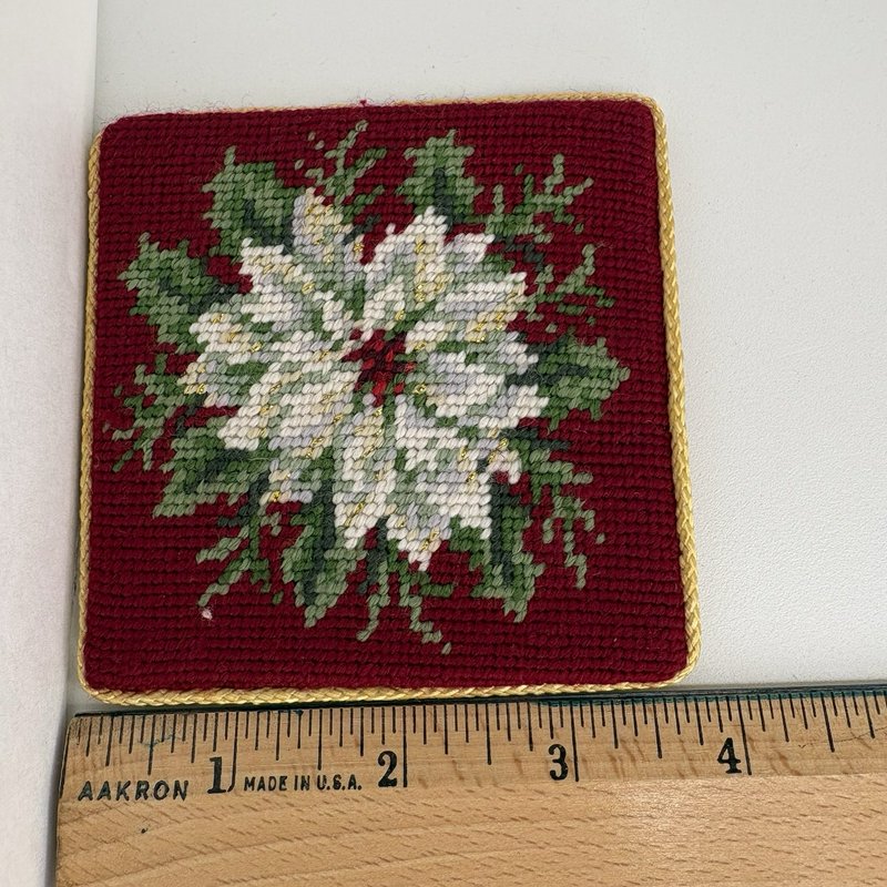 Vintage Needlepoint Poinsettia Coasters Set of 4 Gold Thread Trim w/ Box