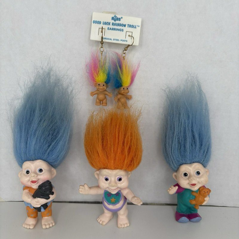 Vintage 1990s Applause Magic Trolls Lot of 3 + Russ Rainbow Troll Earrings