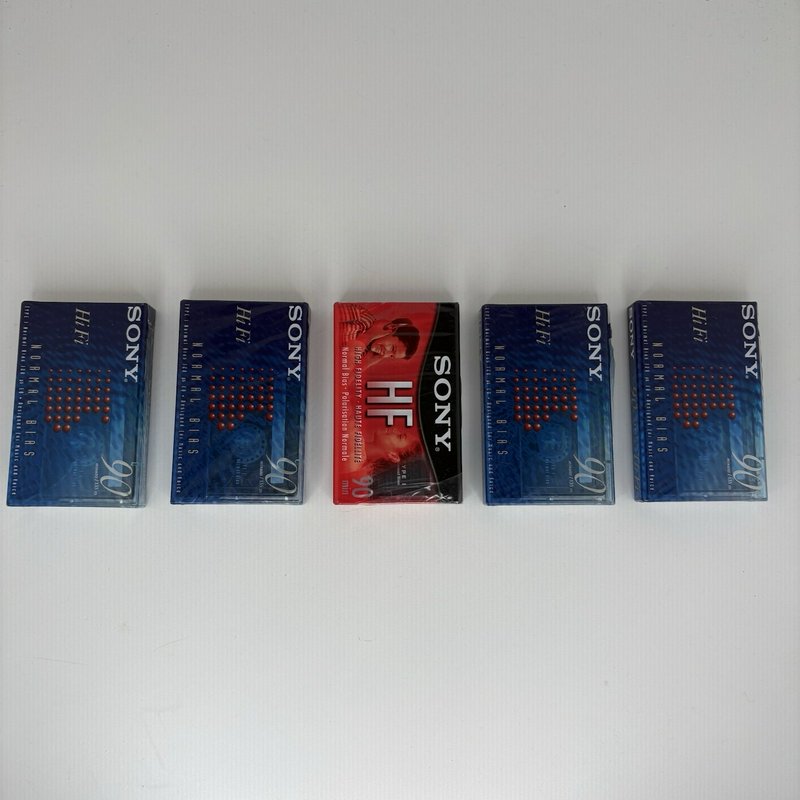 Lot of 5 Sealed Sony C-90 HiFi Audio Cassette Tapes HFB + HF (One Red)