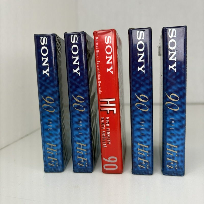 Lot of 5 Sealed Sony C-90 HiFi Audio Cassette Tapes HFB + HF (One Red)