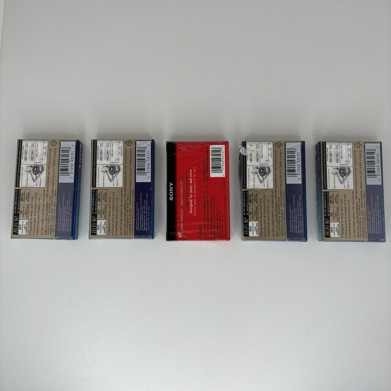 Lot of 5 Sealed Sony C-90 HiFi Audio Cassette Tapes HFB + HF (One Red)