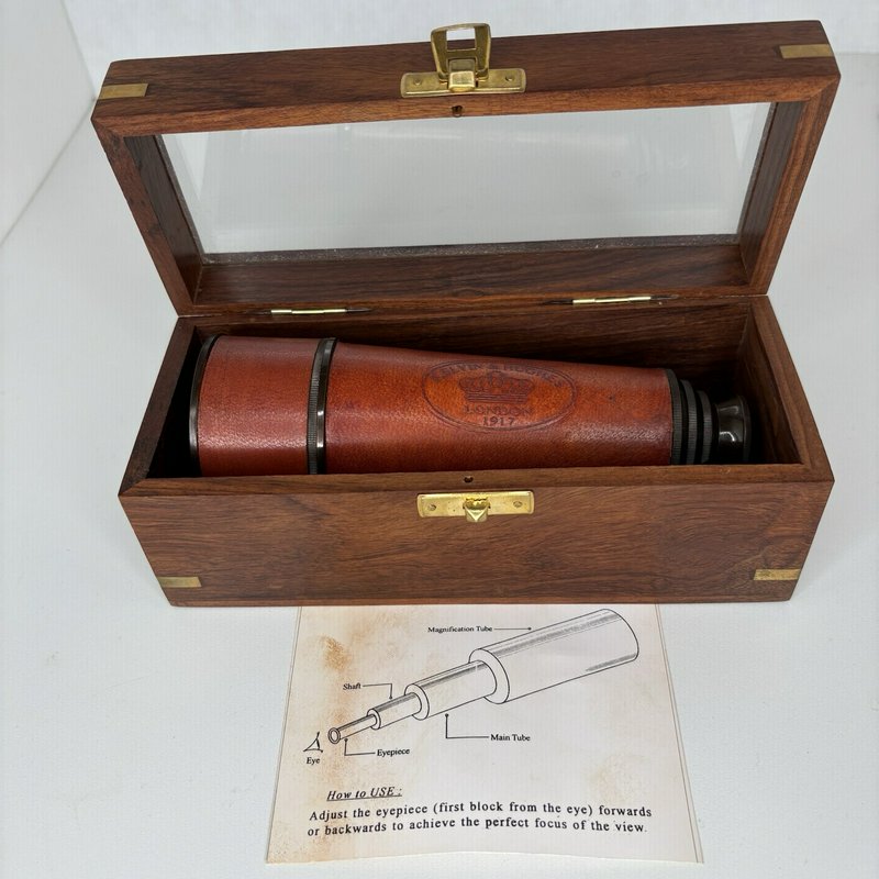 Kelvin & Hughes London 1917 Spyglass Telescope w/ Wood Glass Display Case
