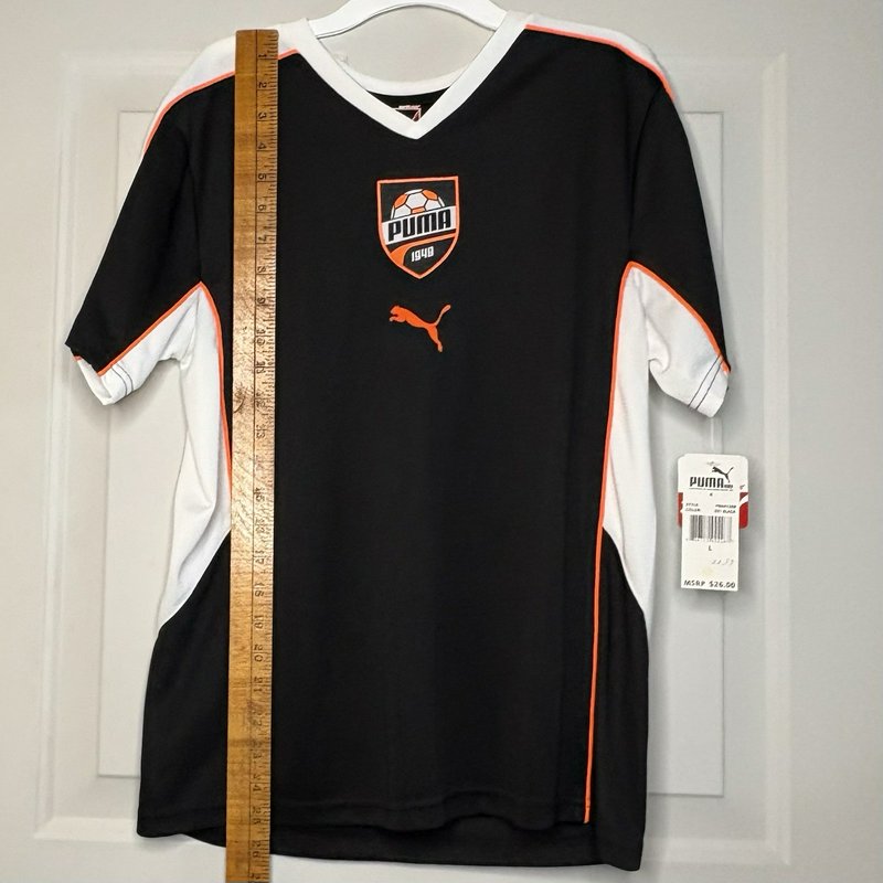 Puma Kids Soccer Jersey Youth Large Black Orange White Dry Cell V-Neck