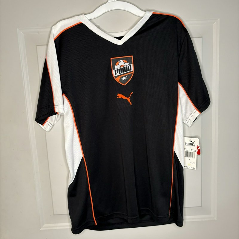 Puma Kids Soccer Jersey Youth Large Black Orange White Dry Cell V-Neck
