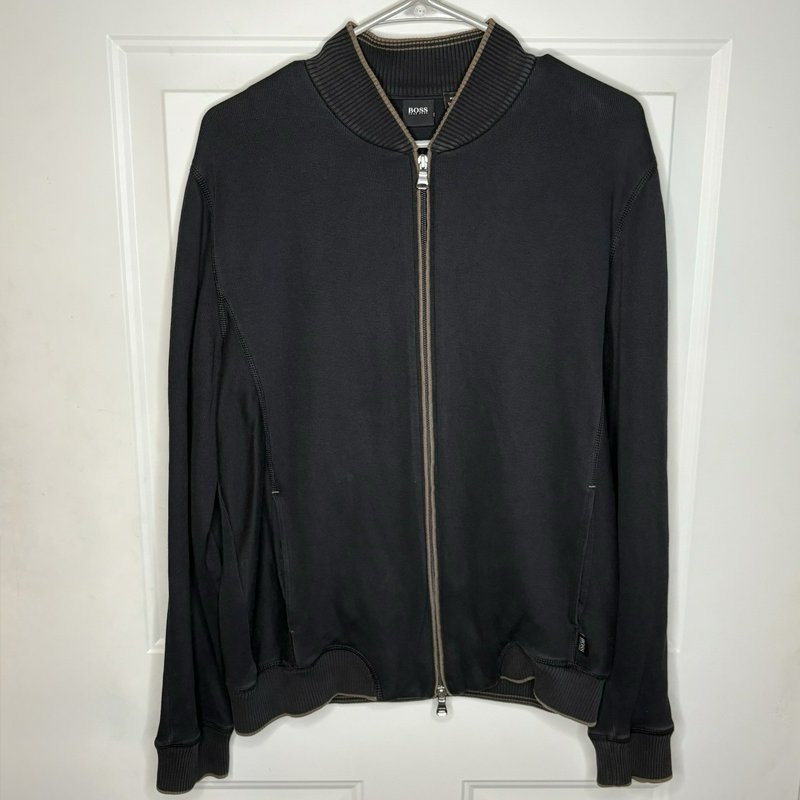 Hugo Boss Men’s Full Zip Knit Jacket Black Brown Trim Size M Made Thailand