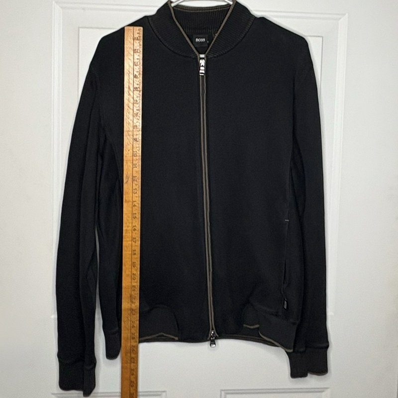 Hugo Boss Men’s Full Zip Knit Jacket Black Brown Trim Size M Made Thailand