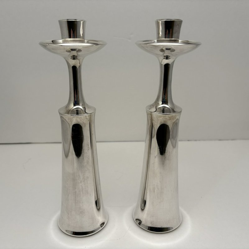 Dansk Silverplate Candlesticks 9.25” Mid Century Modern Pair