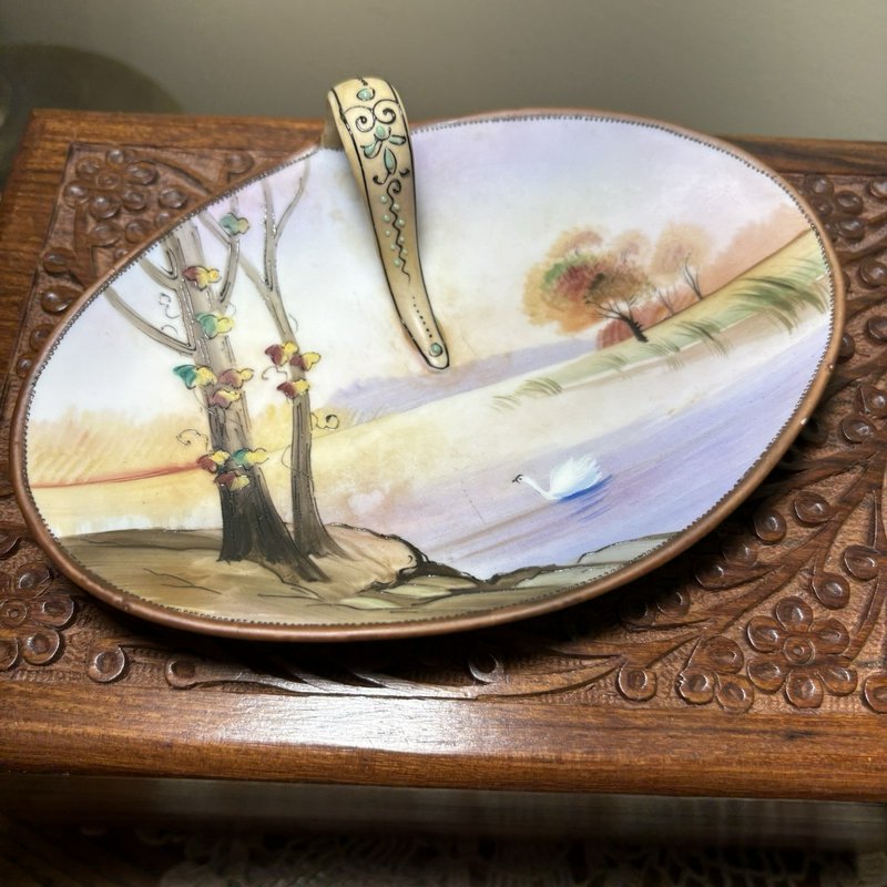 Antique Nippon Hand Painted Oval Candy Dish Swan Landscape 1900s