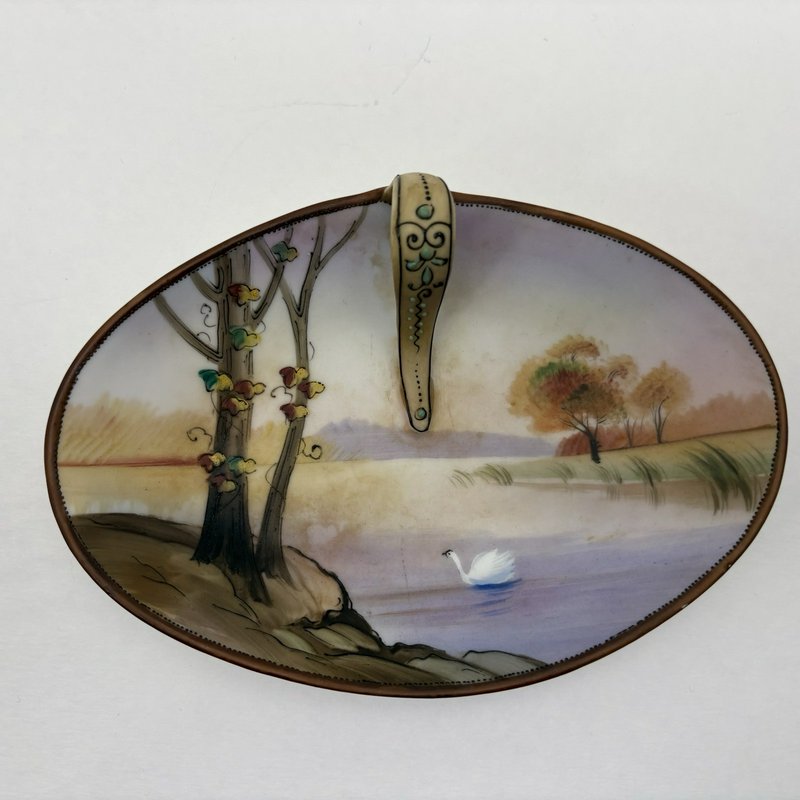 Antique Nippon Hand Painted Oval Candy Dish Swan Landscape 1900s