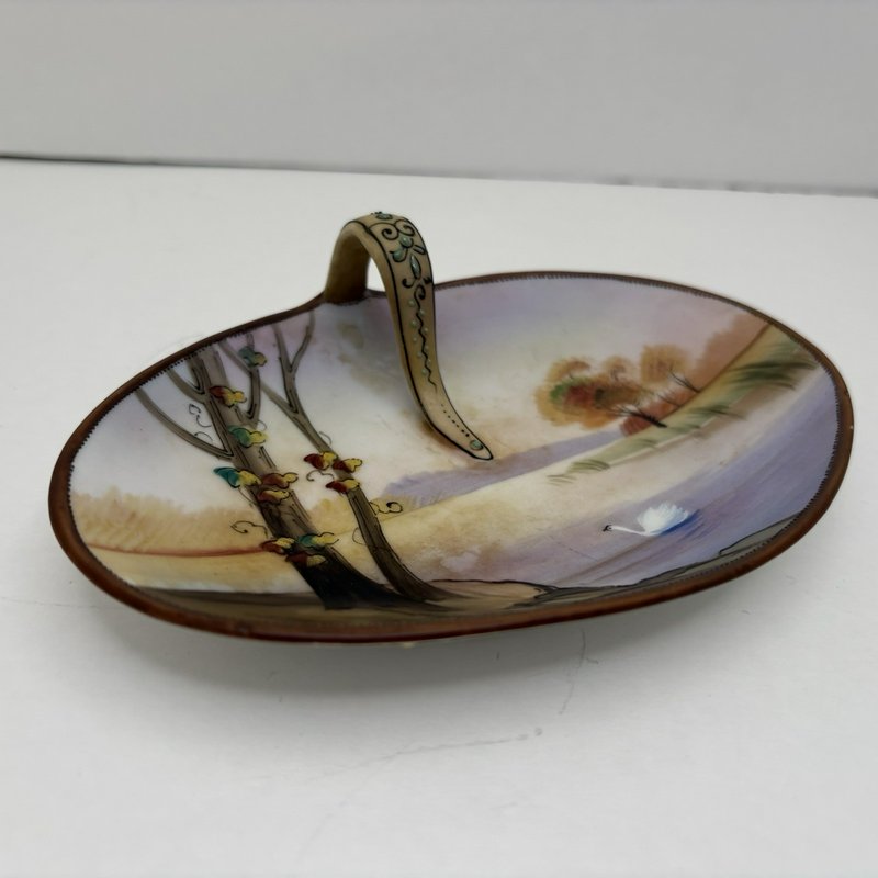 Antique Nippon Hand Painted Oval Candy Dish Swan Landscape 1900s