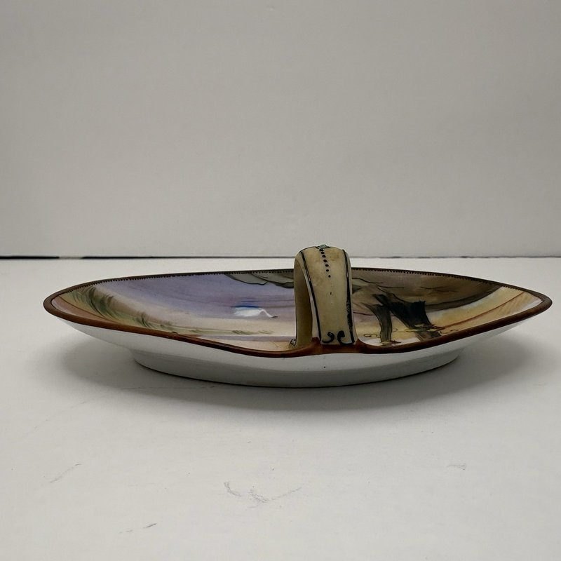 Antique Nippon Hand Painted Oval Candy Dish Swan Landscape 1900s