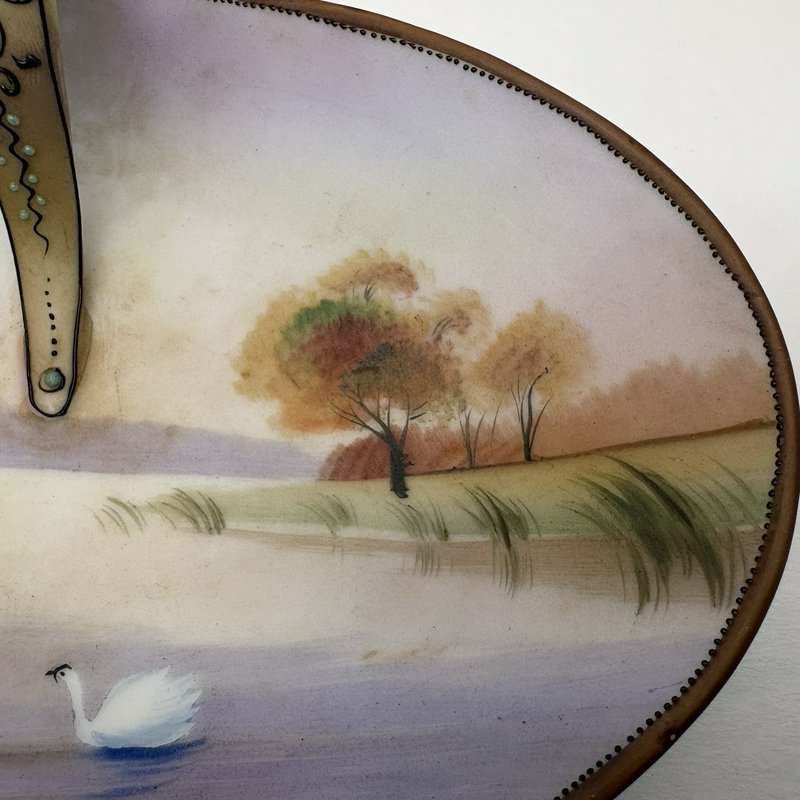 Antique Nippon Hand Painted Oval Candy Dish Swan Landscape 1900s
