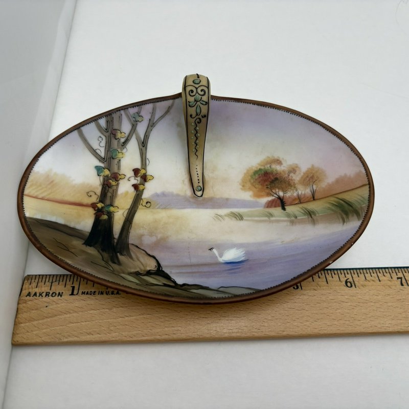 Antique Nippon Hand Painted Oval Candy Dish Swan Landscape 1900s
