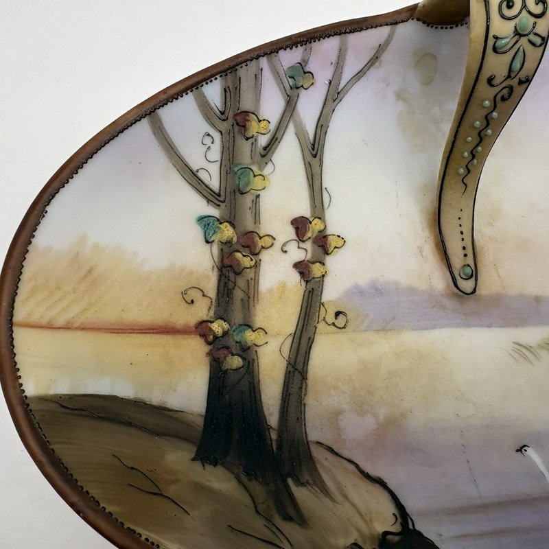 Antique Nippon Hand Painted Oval Candy Dish Swan Landscape 1900s