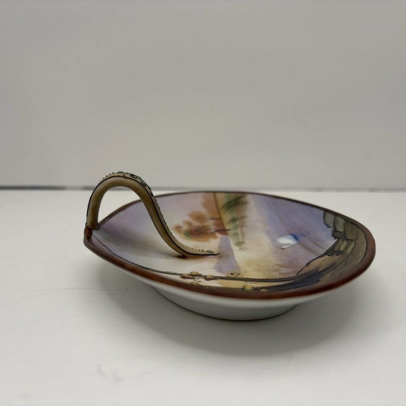 Antique Nippon Hand Painted Oval Candy Dish Swan Landscape 1900s