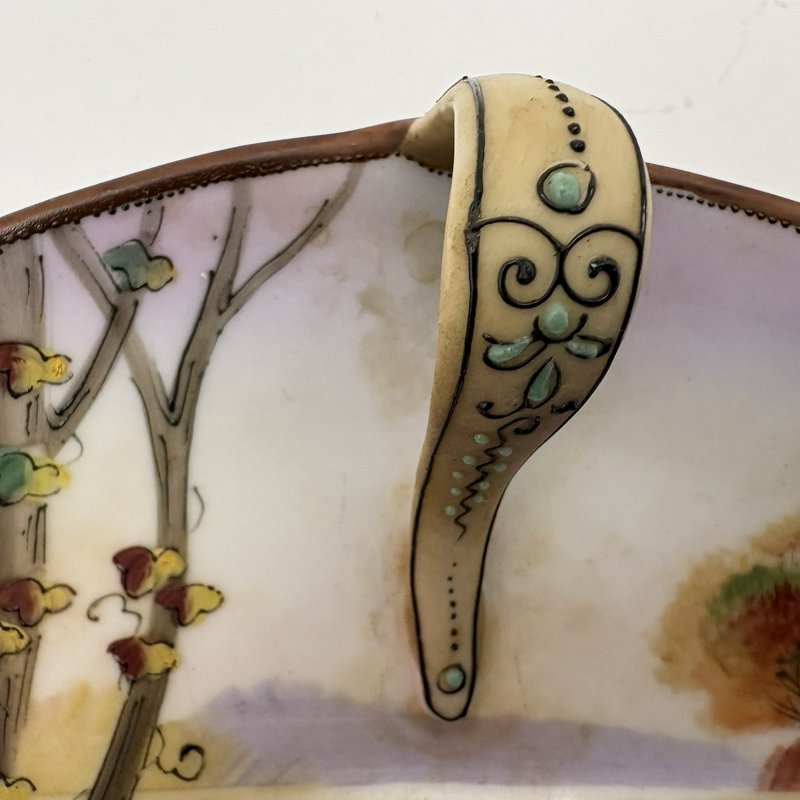 Antique Nippon Hand Painted Oval Candy Dish Swan Landscape 1900s
