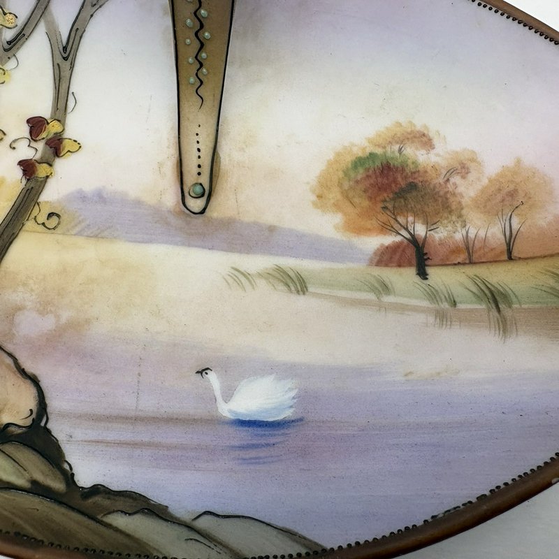 Antique Nippon Hand Painted Oval Candy Dish Swan Landscape 1900s