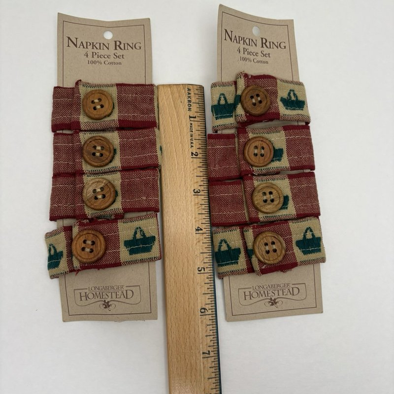 Longaberger Homestead Napkin Rings 8pc Red Basket Fabric Wood Button