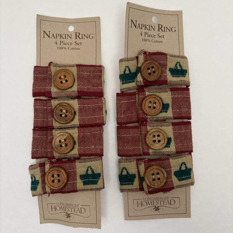 Longaberger Homestead Napkin Rings 8pc Red Basket Fabric Wood Button