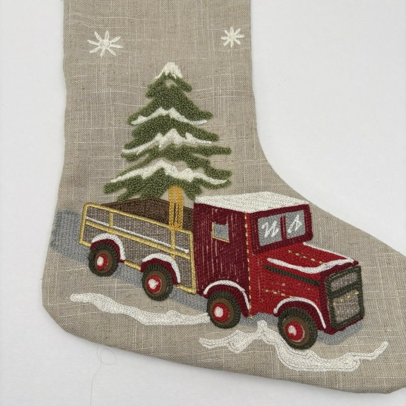 Domain Linen Christmas Stocking Embroidered Red Truck Tree