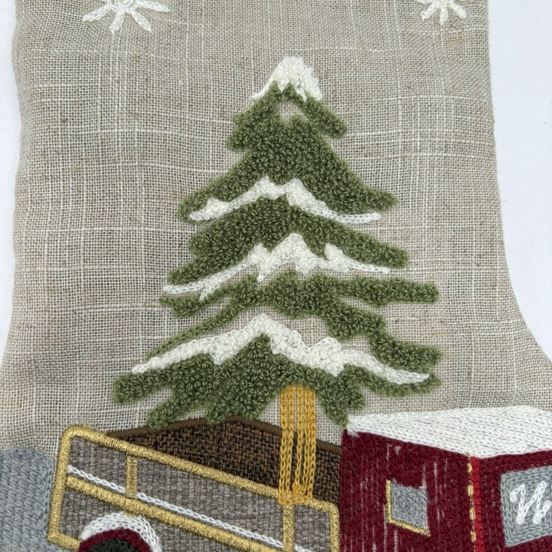 Domain Linen Christmas Stocking Embroidered Red Truck Tree