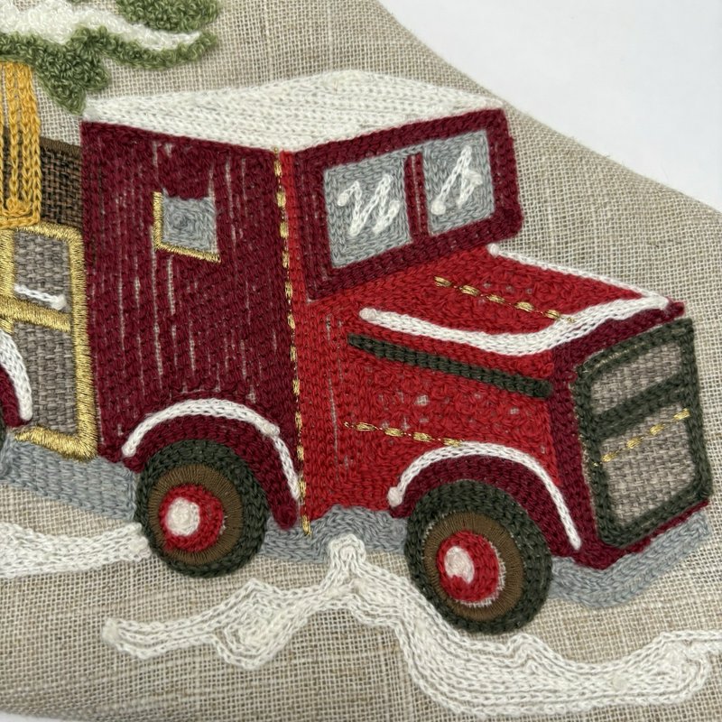 Domain Linen Christmas Stocking Embroidered Red Truck Tree