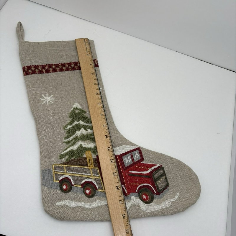 Domain Linen Christmas Stocking Embroidered Red Truck Tree