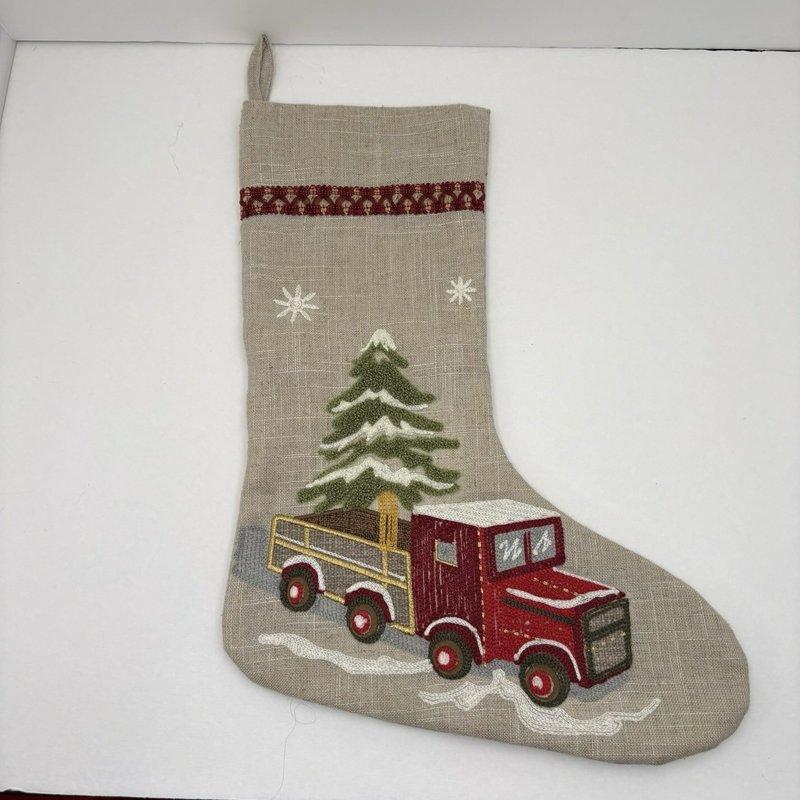Domain Linen Christmas Stocking Embroidered Red Truck Tree