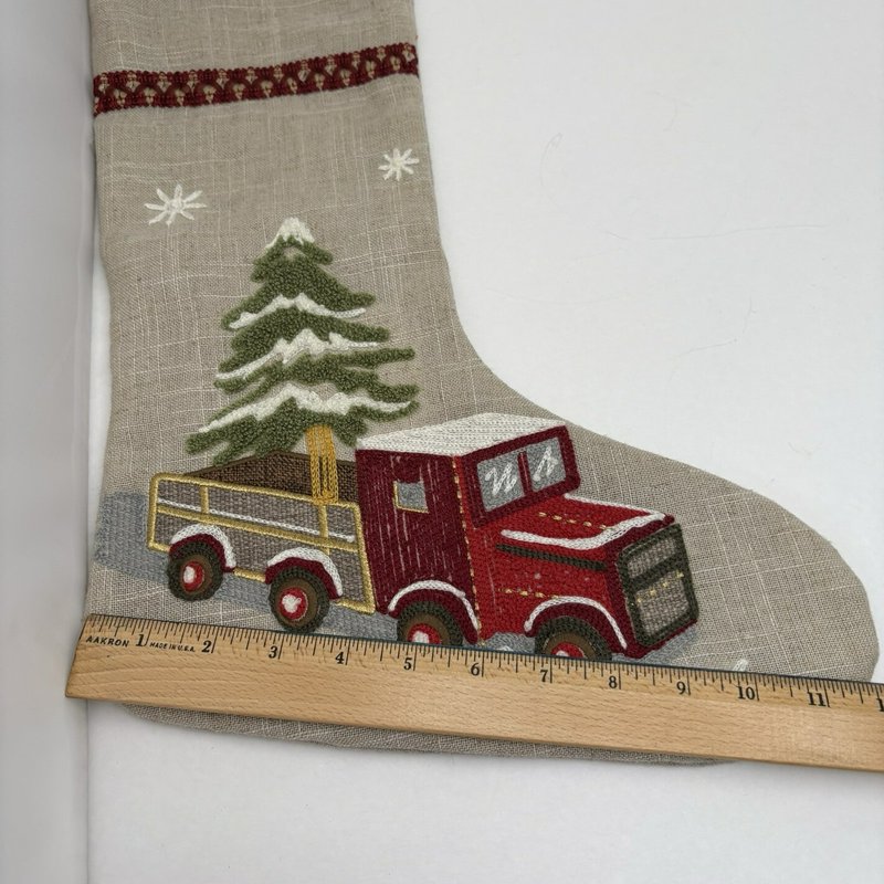 Domain Linen Christmas Stocking Embroidered Red Truck Tree