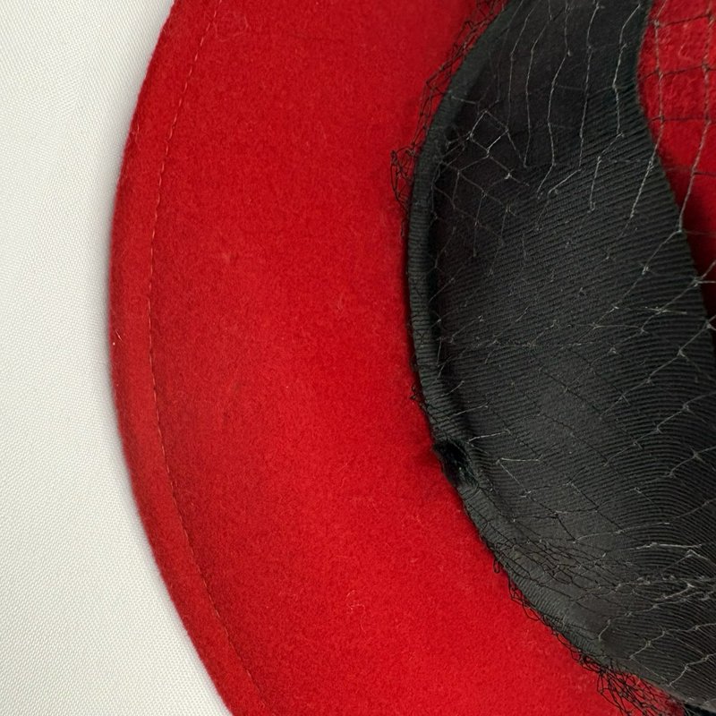 Vintage Peachfelt Red Wool Hat Black Bow Veil USA Geo. W. Bollman