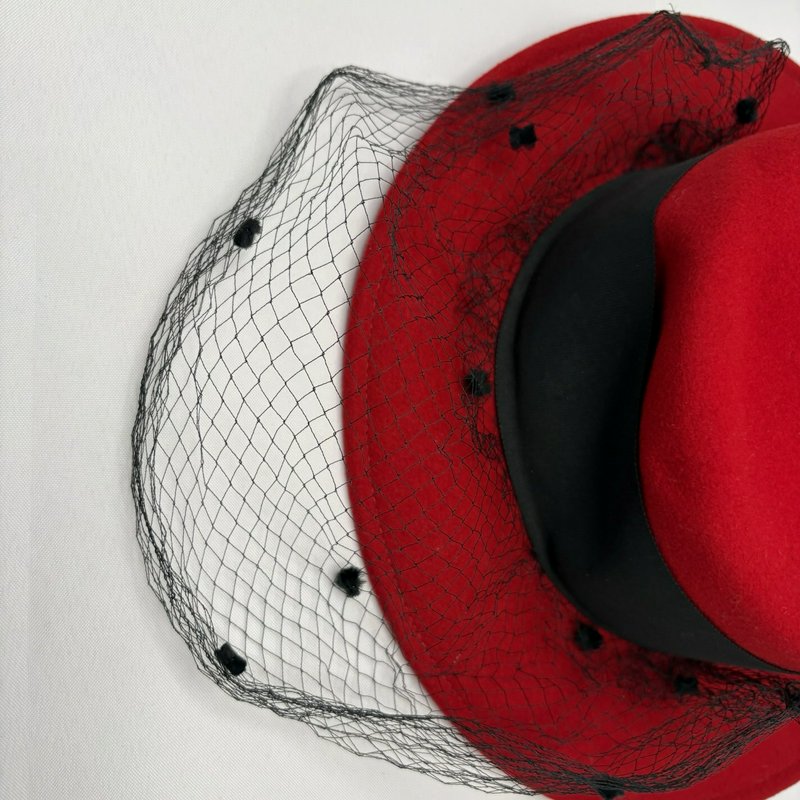 Vintage Peachfelt Red Wool Hat Black Bow Veil USA Geo. W. Bollman