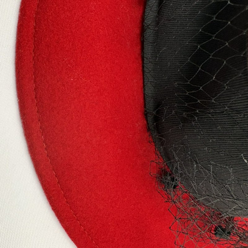 Vintage Peachfelt Red Wool Hat Black Bow Veil USA Geo. W. Bollman