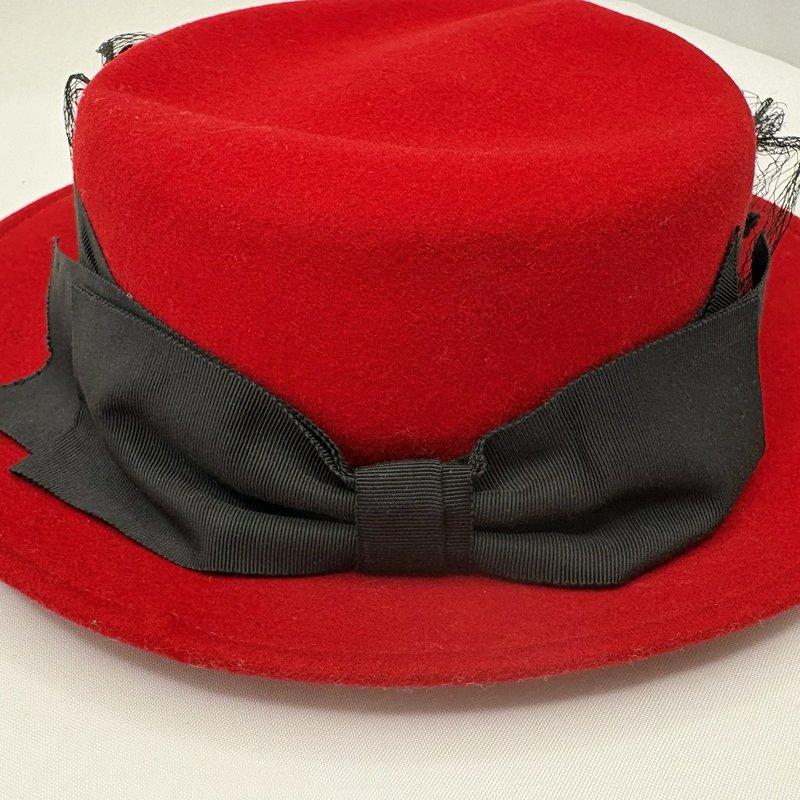 Vintage Peachfelt Red Wool Hat Black Bow Veil USA Geo. W. Bollman