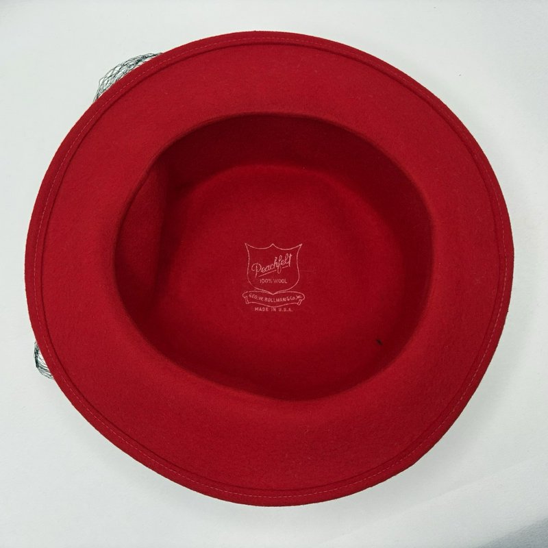 Vintage Peachfelt Red Wool Hat Black Bow Veil USA Geo. W. Bollman