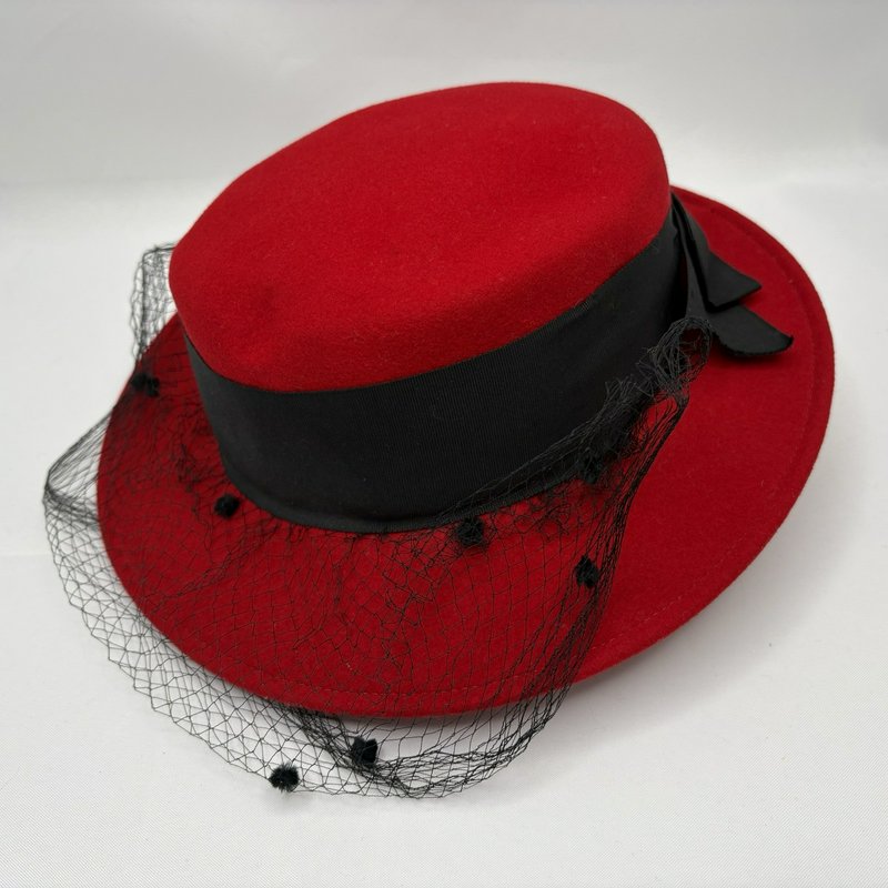 Vintage Peachfelt Red Wool Hat Black Bow Veil USA Geo. W. Bollman