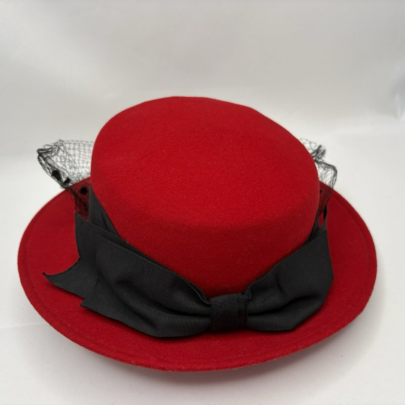 Vintage Peachfelt Red Wool Hat Black Bow Veil USA Geo. W. Bollman