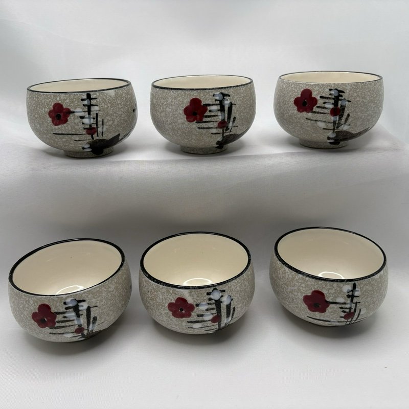 Vintage Japan Stoneware Tea Cups Set 6 Red Floral MCM 3.25”