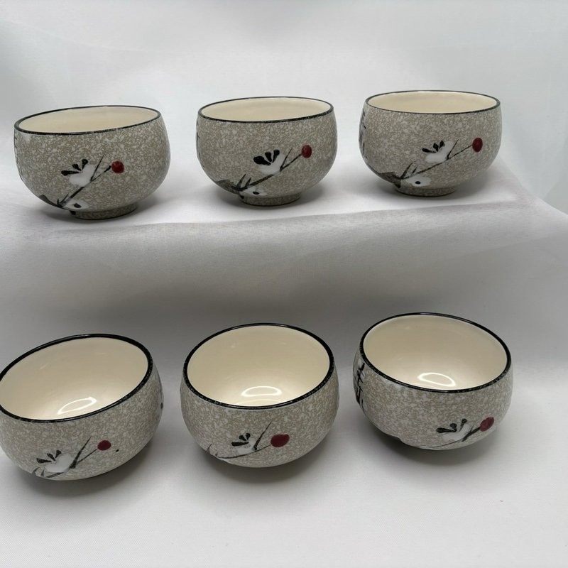 Vintage Japan Stoneware Tea Cups Set 6 Red Floral MCM 3.25”