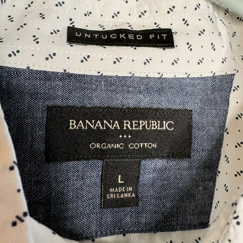 Banana Republic L Organic Cotton Untucked Fit Shirt White Micro Print