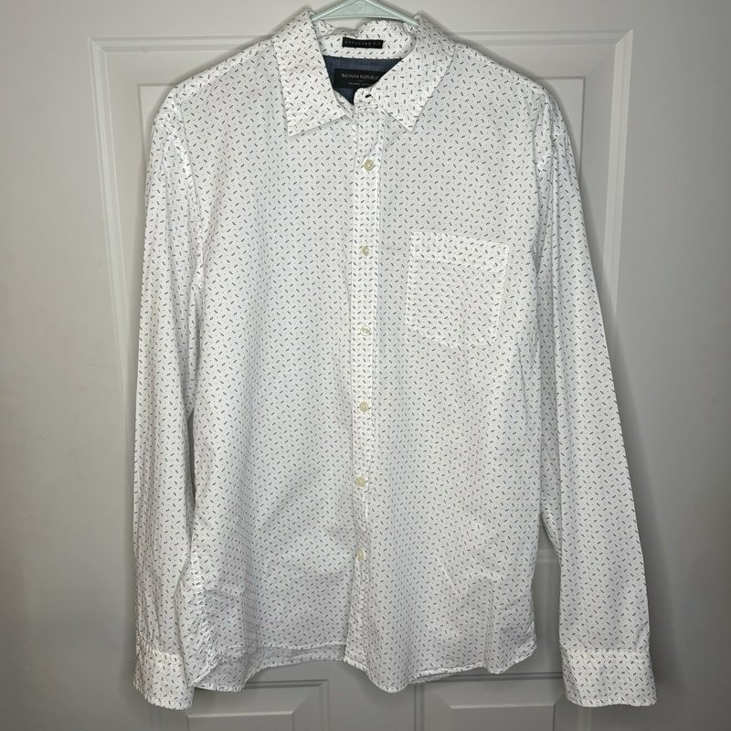 Banana Republic L Organic Cotton Untucked Fit Shirt White Micro Print