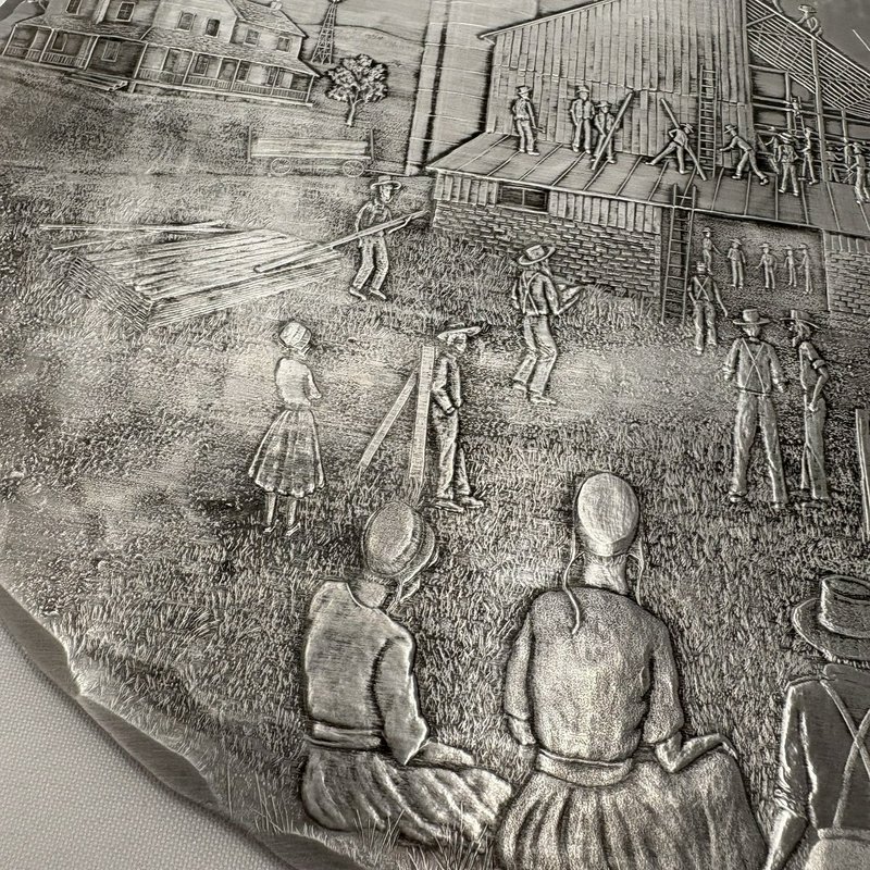 Wendell August Forge Amish Barn Raising Aluminum Trivet 9x7 Cork Back