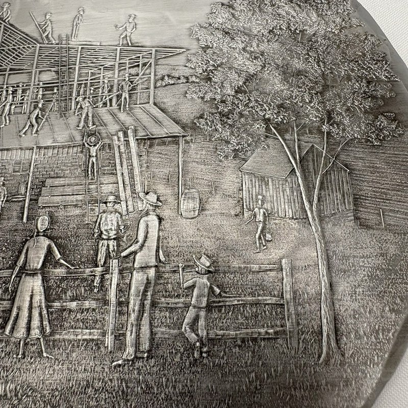 Wendell August Forge Amish Barn Raising Aluminum Trivet 9x7 Cork Back