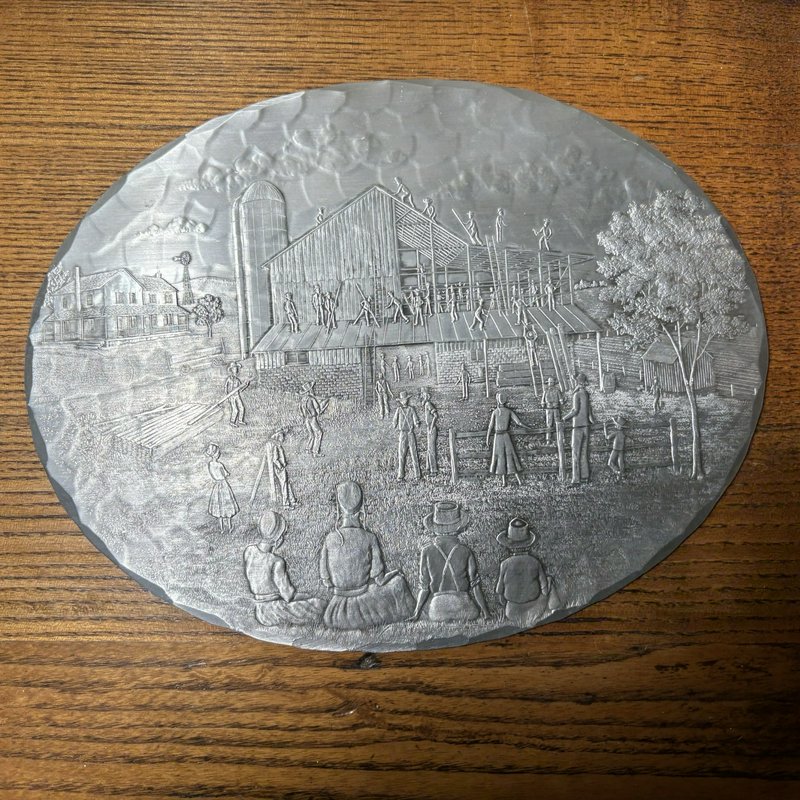 Wendell August Forge Amish Barn Raising Aluminum Trivet 9x7 Cork Back