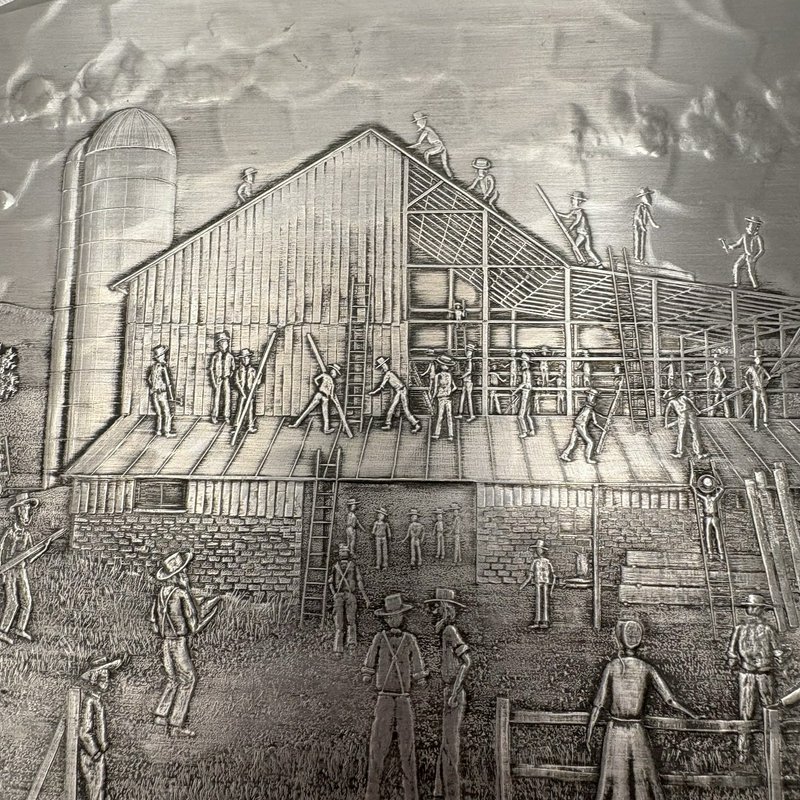 Wendell August Forge Amish Barn Raising Aluminum Trivet 9x7 Cork Back