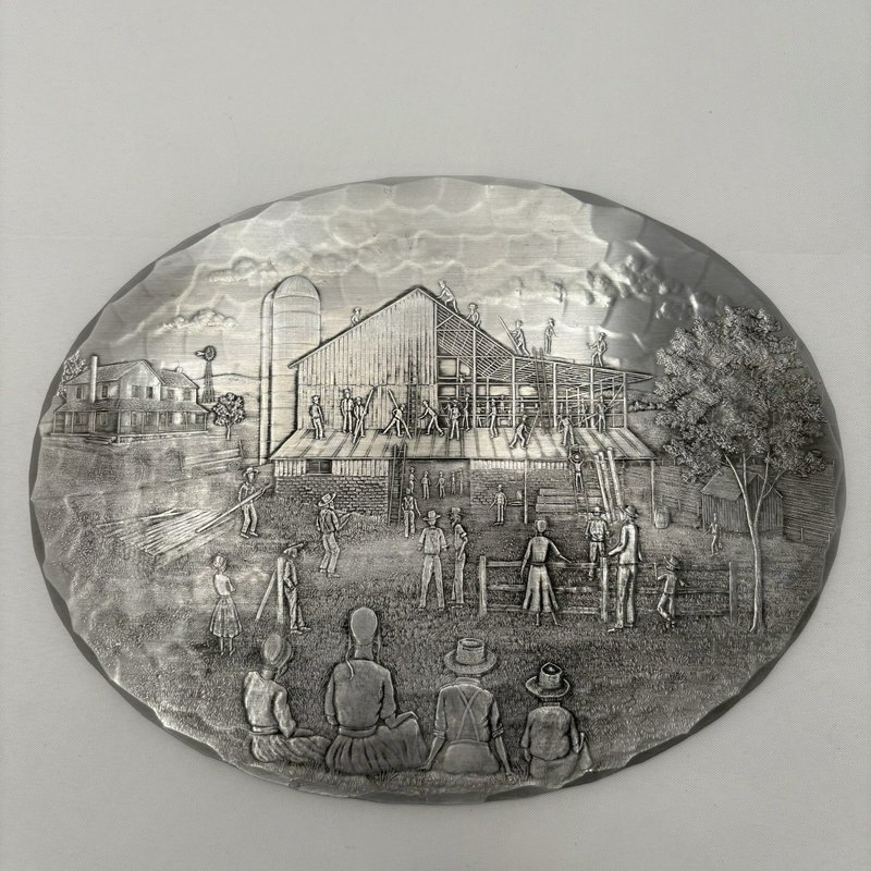 Wendell August Forge Amish Barn Raising Aluminum Trivet 9x7 Cork Back