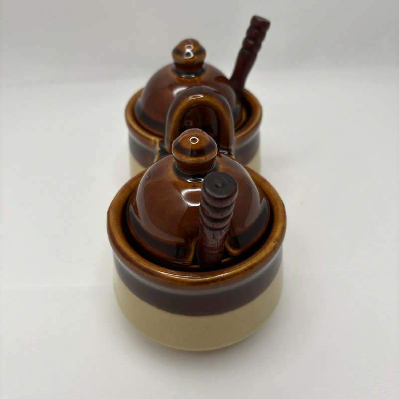 Vtg Taiwan Brown Drip Jam Marmalade Condiment Jar Stoneware Set w/Lids & Spoons