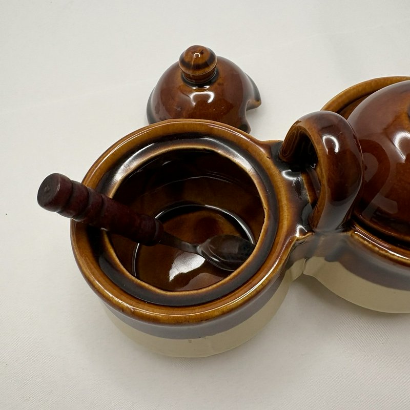 Vtg Taiwan Brown Drip Jam Marmalade Condiment Jar Stoneware Set w/Lids & Spoons