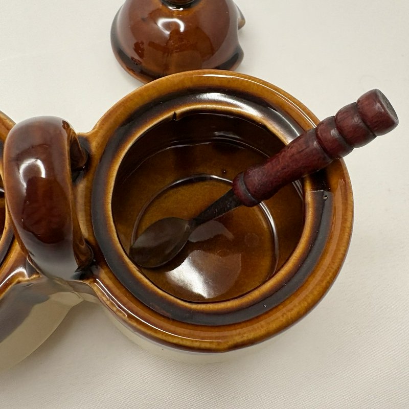 Vtg Taiwan Brown Drip Jam Marmalade Condiment Jar Stoneware Set w/Lids & Spoons
